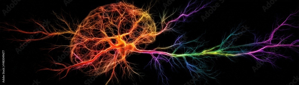 Poster a colorful, artistic illustration of a neural network or neuron with branching connections on a blac