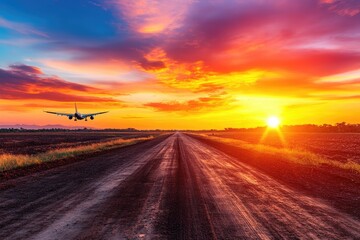 Airplane landing at sunset