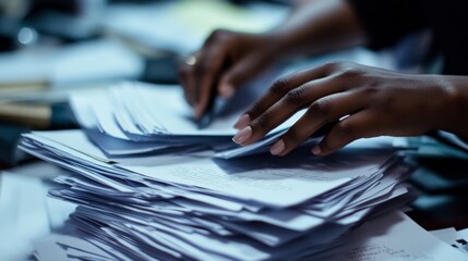 A close-up of hands organizing documents in an office