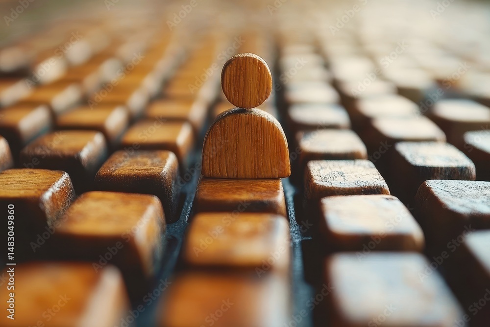 Poster wooden figurine standing alone amidst rows of square wooden blocks creating a sense of isolation and