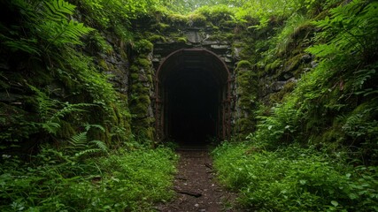Dark Tunnel Entrance Surrounded By Lush Green Vegetation With Stone And Brick Architecture