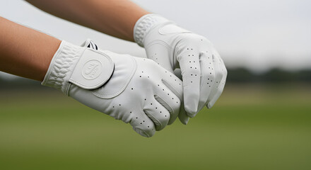 Close-up of hands wearing white golf gloves, preparing for a swing on a lush green golf course, showcasing precision and focus in the sport of golf