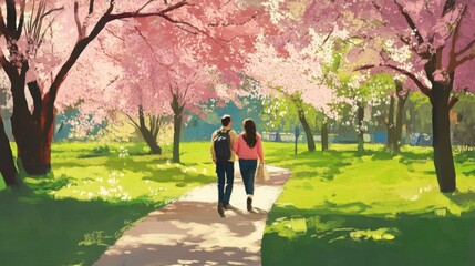 A couple walking through a green park in spring 