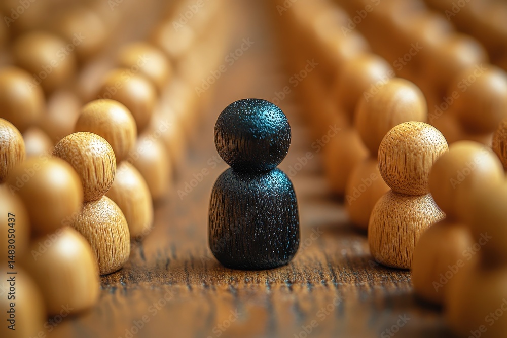 Poster wooden figures representing individuality and uniqueness amidst a crowd of similar figures with a fo