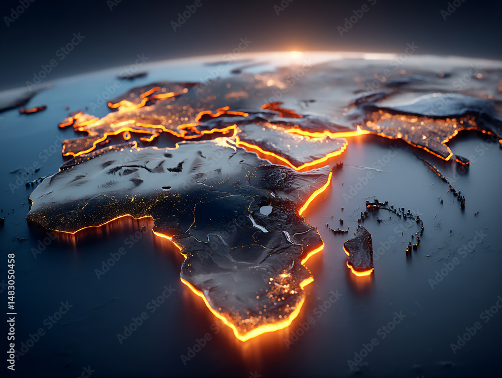 Poster tense 3d rendering of a critical point in a global financial network glowing red