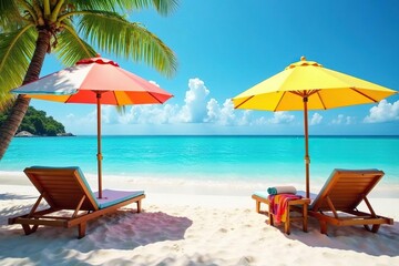 Vibrant summer beach scene with sun loungers, colorful umbrellas, and clear blue ocean Perfect for travel and vacation themes , shoreline, landscape, sunshine
