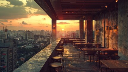 Naklejka premium High-altitude urban patio at sunset over a city.