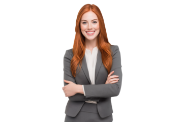 Confident Caucasian Businesswoman in Gray Suit, Smiling with Arms Crossed, Corporate Portrait for Business and Professional Branding