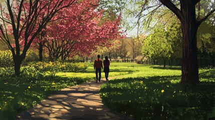 A couple walking through a green park in spring 