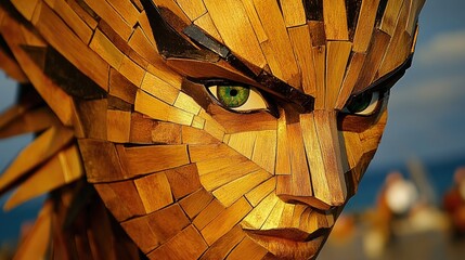 Wooden face mosaic. Green eyes focus fiercely. Sky blurred background