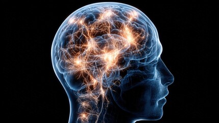A digital illustration of a human head with glowing neural connections highlighting brain activity.