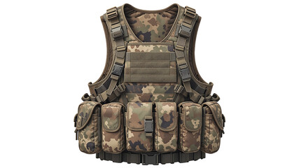 Camouflage military tactical vest with pouches isolated on white background.