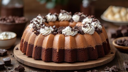 Two-Tone Chocolate Bundt Cake with Whipped Cream and Chocolate Shavings