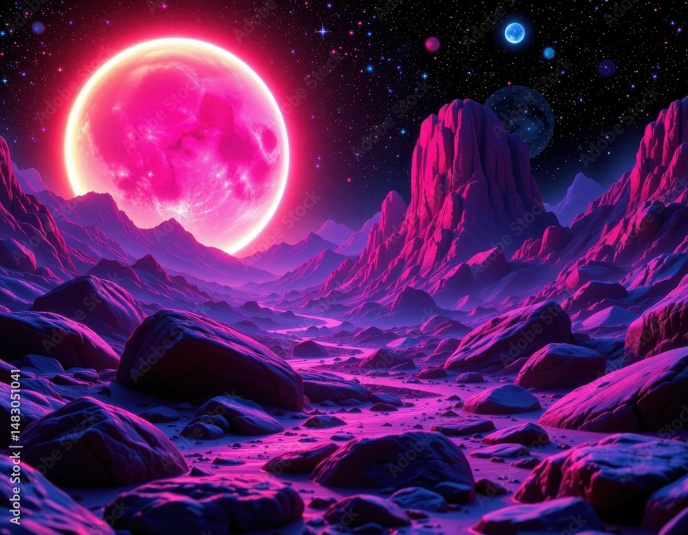 Poster a neon lit 80s inspired synthwave scene with floating rocks and a glowing cosmic backdrop.