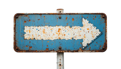 Weathered blue and white directional sign with right arrow, showcasing aged metal texture and rust.