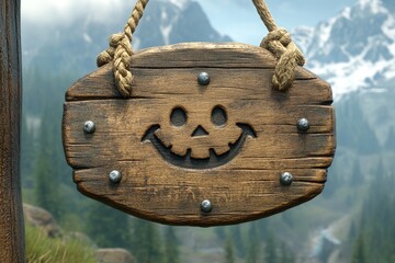 Rustic wooden sign with carved pumpkin face