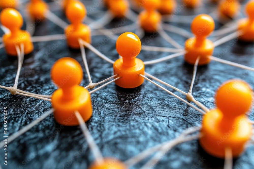 Aufkleber orange figures connected by rubber bands on a dark textured surface representing networking and coll