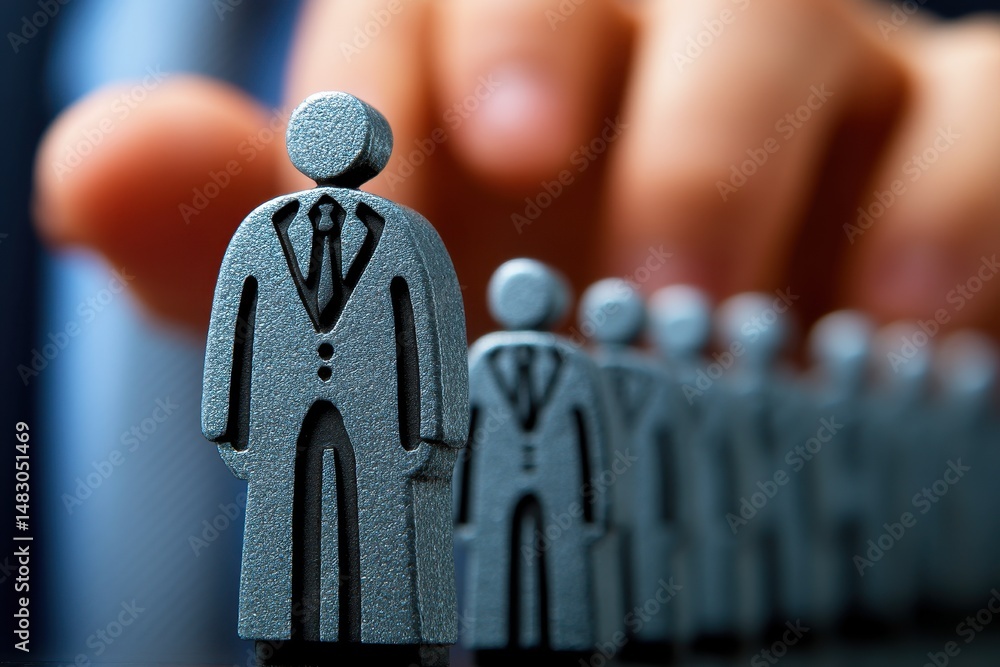 Poster conceptual representation of leadership and teamwork with miniature figures in business attire on a 