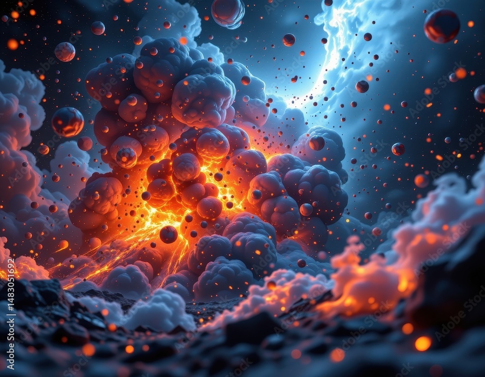 Poster a 3d rendered scene of a fiery cosmic explosion with glowing elements and detailed particle effects.