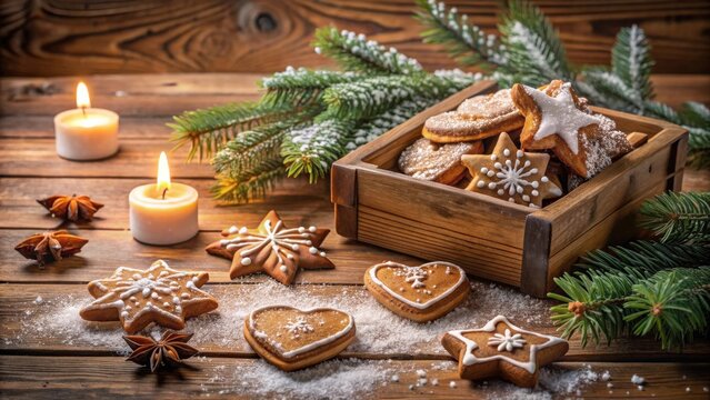 A Festive Arrangement of Decorated Gingerbread Cookies in a Wooden Box with Burning Candles and Evergreen Branches on a Rustic Wooden Table