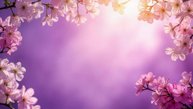 Beautiful cherry blossoms in bloom framing a vibrant purple and pink background for springtime greetings