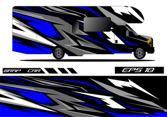 Stylish blue and black vehicle wrap design for RV