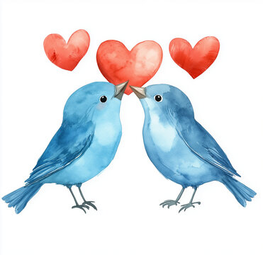 Naklejki Two blue birds kissing with red heart-shaped clipart, on a white background, in a watercolor Valentine's Day theme.