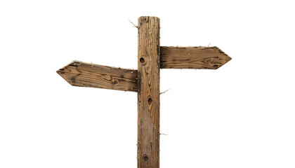 Rustic Wooden Signpost with Arrows Pointing in Opposite Directions on White Background