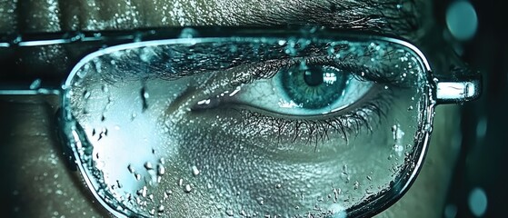 Intense closeup of a face with glasses covered in water droplets, focusing on a striking blue eye