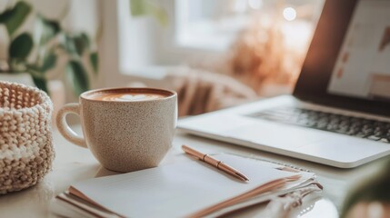 A cup of coffee on a desk with a notepad and pen
