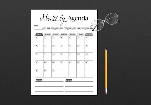 Undated Monthly Planner Agenda Template Layout