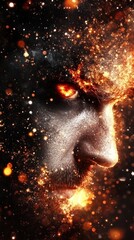 Fiery face in darkness