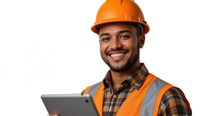 Smiling construction worker with tablet wearing hard hat and safety vest on white background.