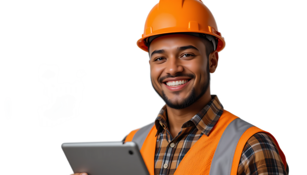Smiling construction worker with tablet wearing hard hat and safety vest on white background.