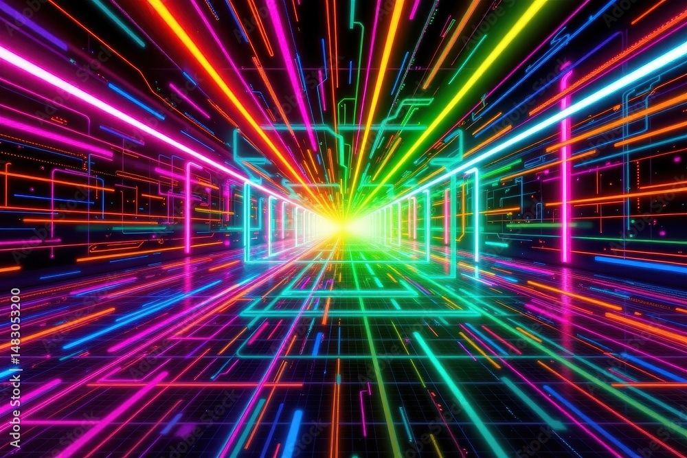 Poster a luminous, neon cyber space scene with intersecting beams and a multicolored grid extending infinit