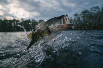 Fototapeta premium Largemouth bass swimming in a lake slow-moving river with submerged forest backdrop, soft diffused lighting, green and blue-green color palette - AI-Generated
