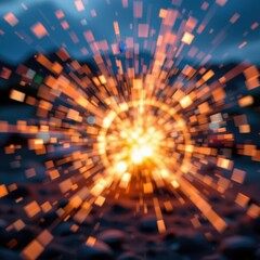 a soft focus, bokeh style depiction with blurred, glowing light elements conveying the explosion's energy.