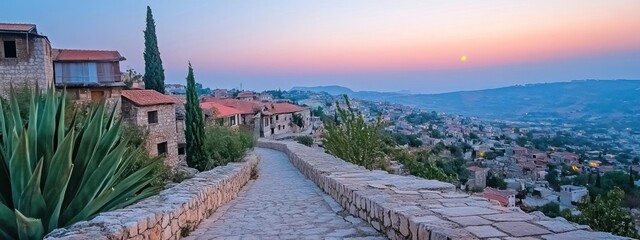Serene village path at sunset, overlooking a sprawling landscape.