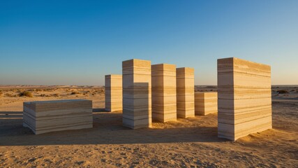 Geometric Stone Structures Standing in the Desert Under a Clear Blue Sky
