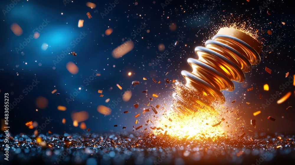 Poster Dynamic Metallic Spring Exploding with Particles and Light Effects