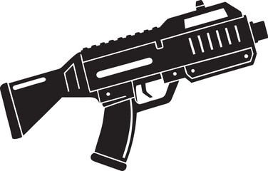 Gun silhouette vector featuring a modern handgun design. Ideal for tactical posters, gaming graphics, weapon icon sets, and defense-related artwork.