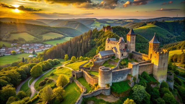 Aerial View of Bourscheid Castle, Luxembourg: Medieval Fortress Ruins