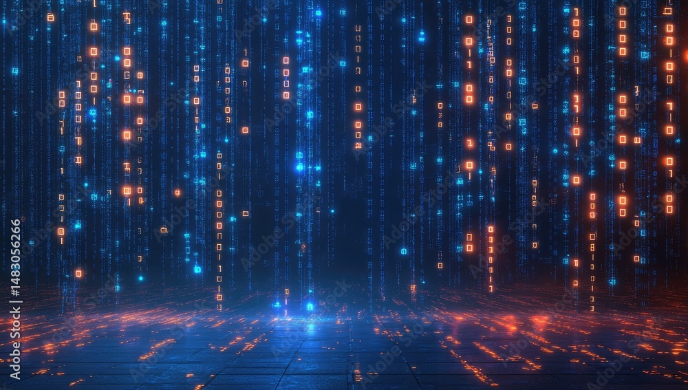 Poster digital rain of binary code cascading over a dark stage