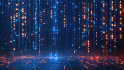 Digital rain of binary code cascading over a dark stage