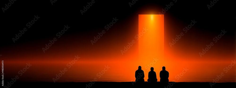 Poster ethereal 3d rendering of dawn light streaming through an arched window in a dark mosque