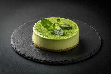 Matcha Green Tea Cheesecake Topped with Fresh Mint on Slate Plate
