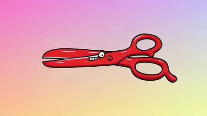 Cartoonish red scissors with a quirky face against a vibrant gradient background, ideal for playful designs