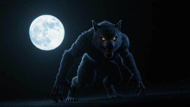Terrifying werewolf creature bares fangs under a glowing moon in the night