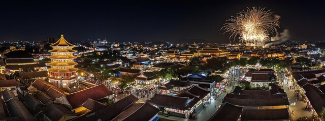 Obraz premium Fireworks illuminate a vibrant cityscape at night.