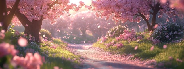 Path through a vibrant cherry blossom forest, bathed in warm light.